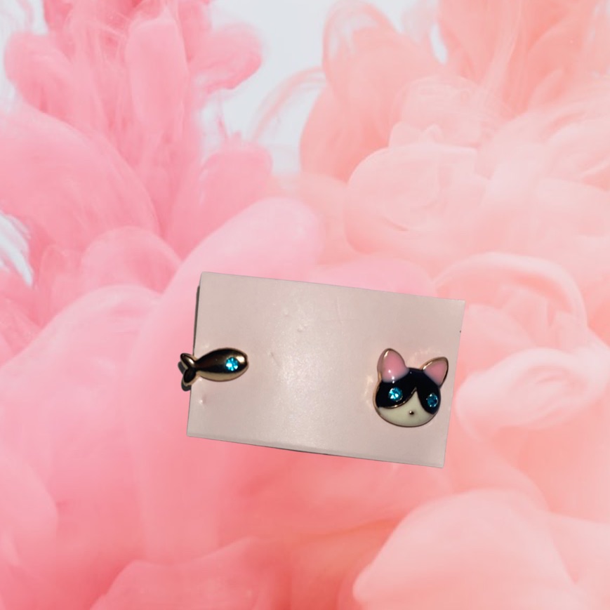 Cat Lover Stud Earrings Rhinestone Eyes Fish And Cat Studs Unisex Earrings
